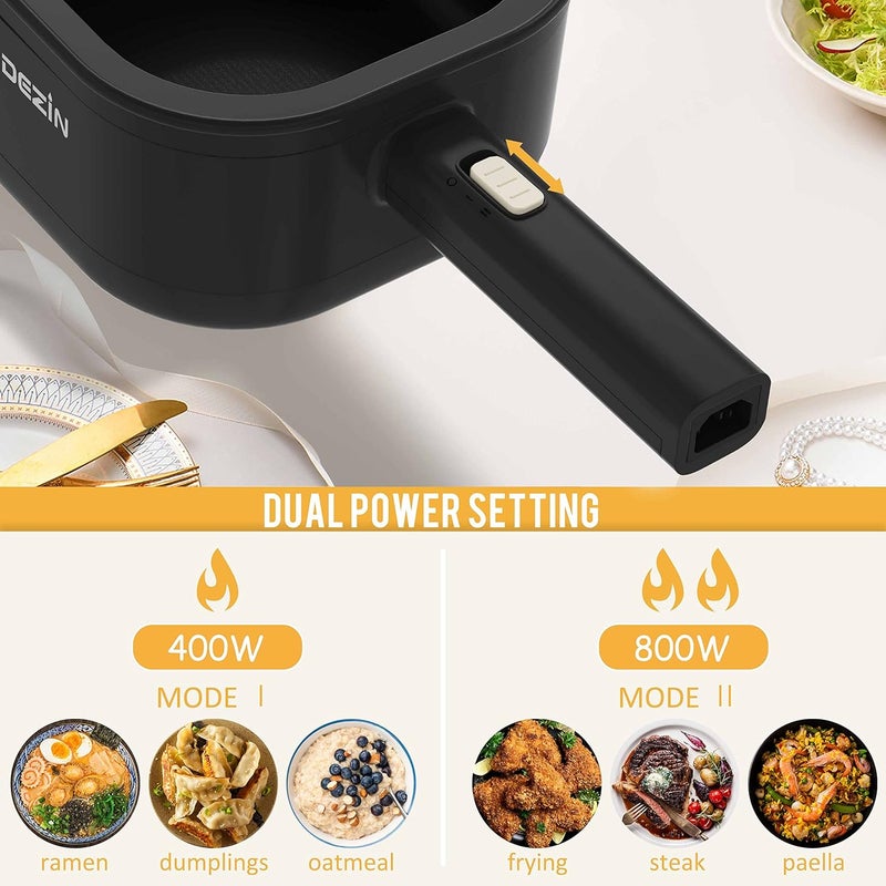 DEZIN 2L Electric Hot Pot with Steamer, Rapid 800W Non-Stick Ceramic Coating Dorm Cooking Pot, Plug in Electric Pan Cooker with Adjustable Power for College Hotel Office(Silicone Spatula Included) - Image 5